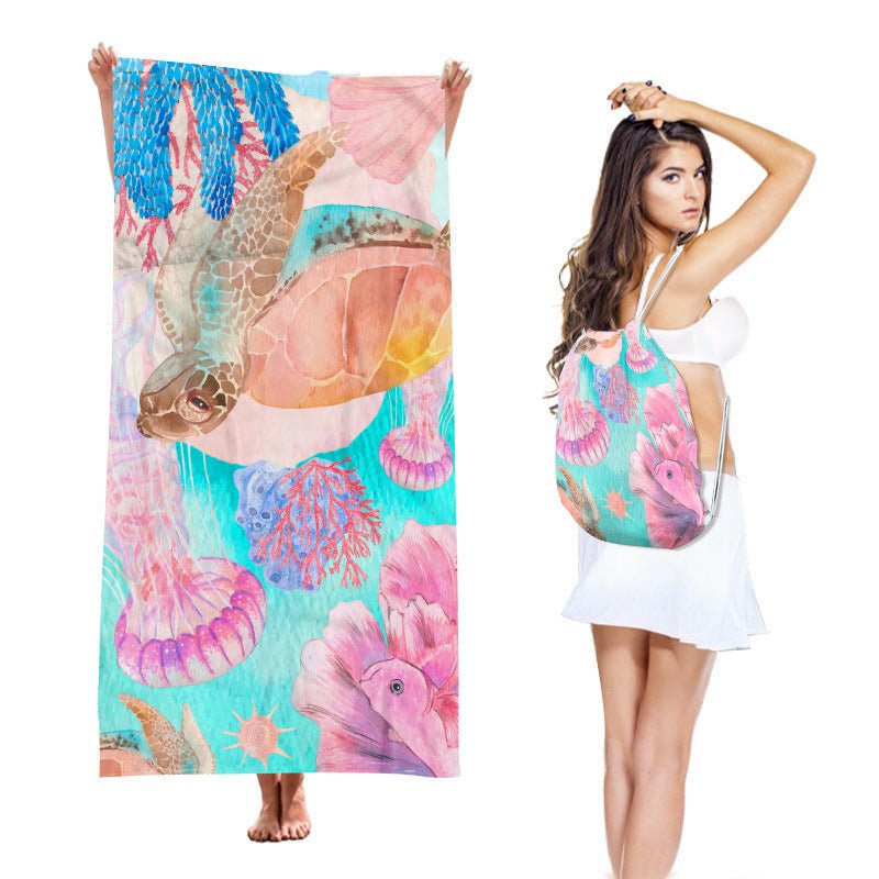 Two-in-One Beach Towel Backpack, Foldable Beach Towel Storage Bag, Microfiber Printed Beach Towel - Outdoors & Sports Tinker Time