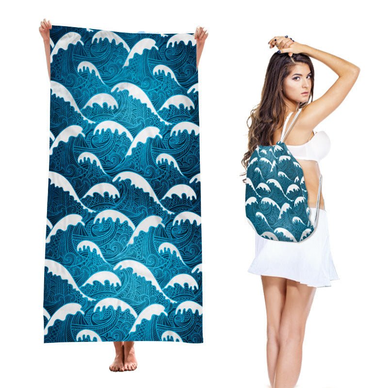 Two-in-One Beach Towel Backpack, Foldable Beach Towel Storage Bag, Microfiber Printed Beach Towel - Outdoors & Sports Tinker Time