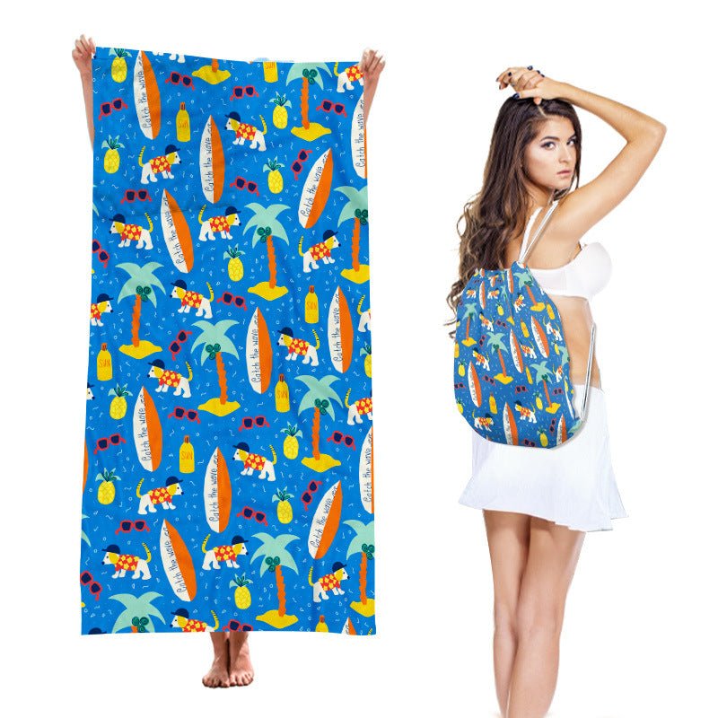 Two-in-One Beach Towel Backpack, Foldable Beach Towel Storage Bag, Microfiber Printed Beach Towel - Outdoors & Sports Tinker Time