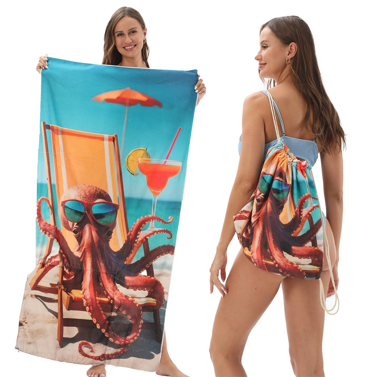 Two-in-One Foldable Beach Towel Printed Bath Towel All-In-One Beach Towel with Storage Bag - Outdoors & Sports Tinker Time