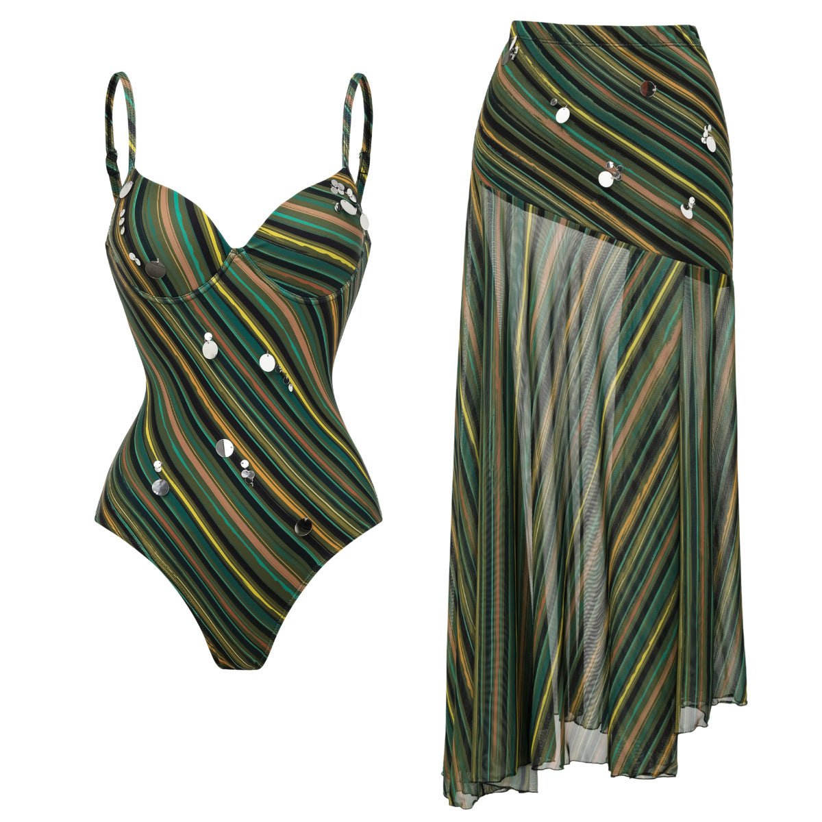 Two-Piece Contrast Stripe Sequin Decorated One-Piece Swimsuit Set for Women Plus Size Slimming - Outdoors & Sports Tinker Time