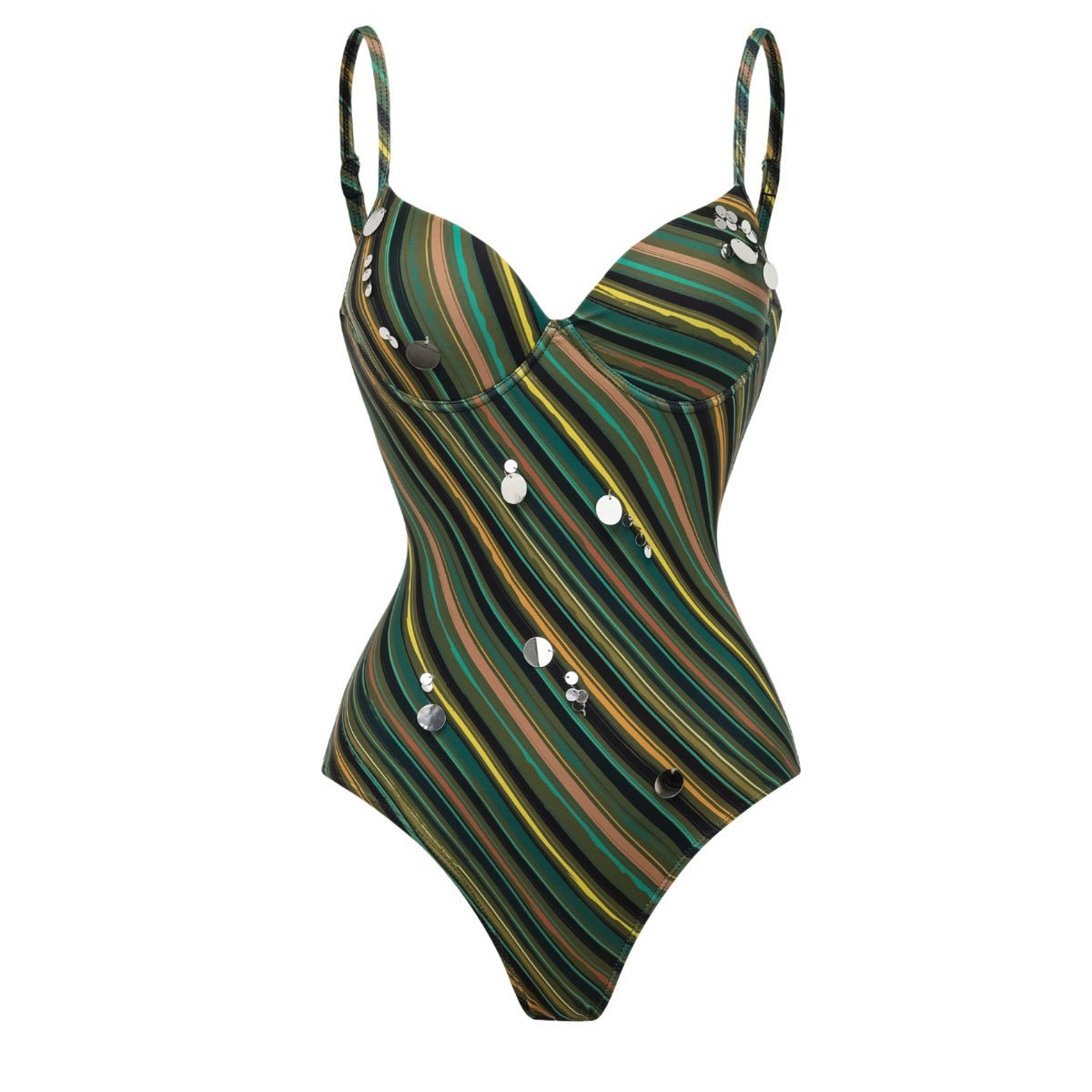 Two-Piece Contrast Stripe Sequin Decorated One-Piece Swimsuit Set for Women Plus Size Slimming - Outdoors & Sports Tinker Time