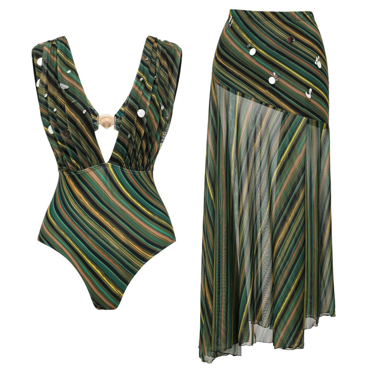 Two-Piece Contrast Stripe Sequin Decorated One-Piece Swimsuit Set for Women Plus Size Slimming - Outdoors & Sports Tinker Time