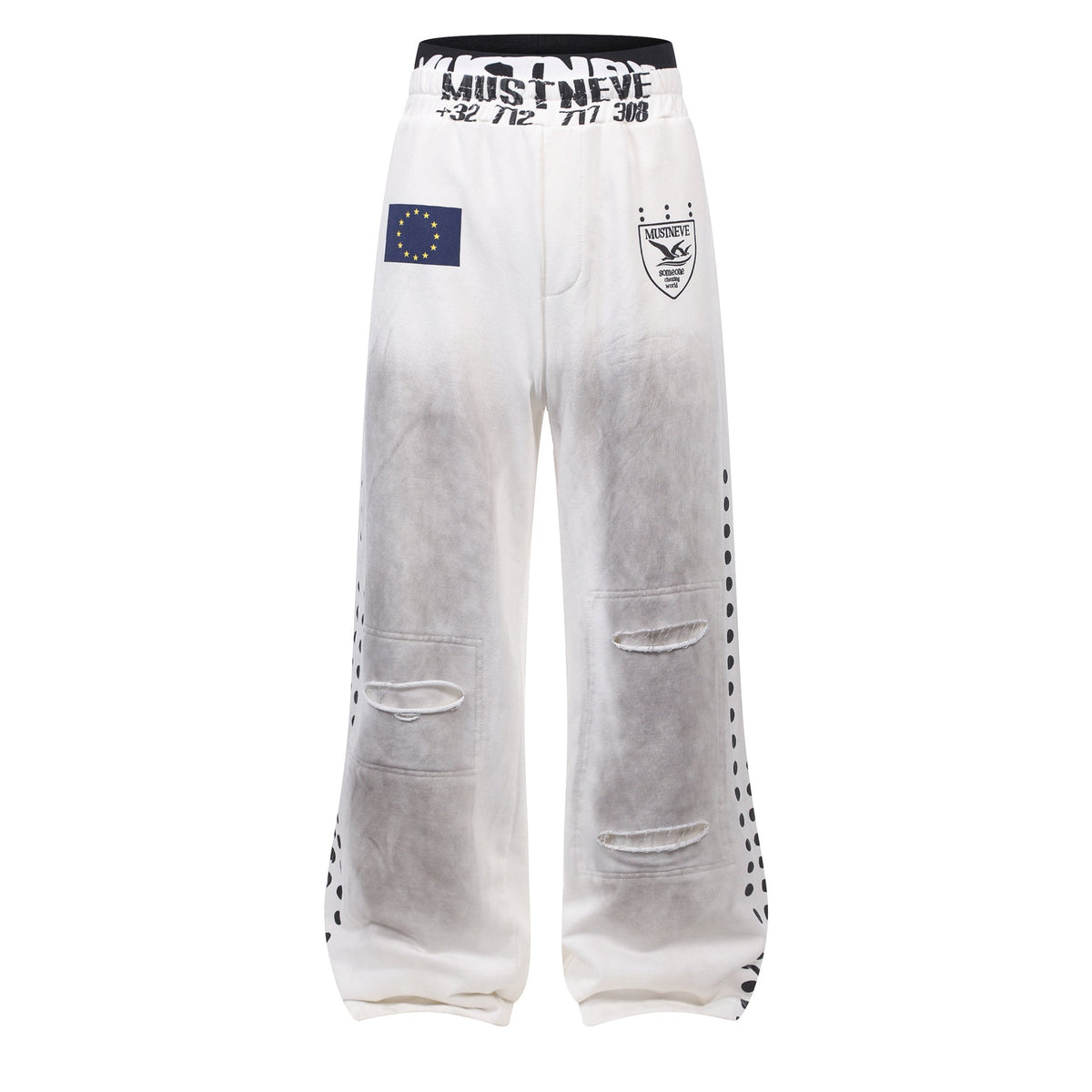 Wash Ripped Wide Leg Sweatpants Badge Polka Dot Print Unisex Loose Straight Long Pants - Outdoors & Sports Tinker Time