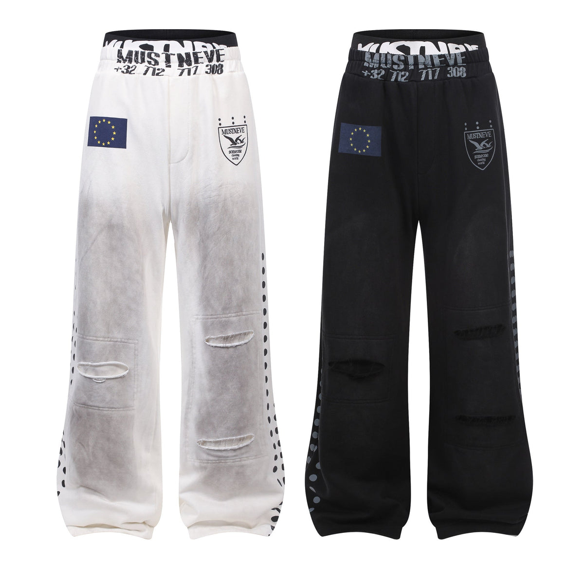 Wash Ripped Wide Leg Sweatpants Badge Polka Dot Print Unisex Loose Straight Long Pants - Outdoors & Sports Tinker Time