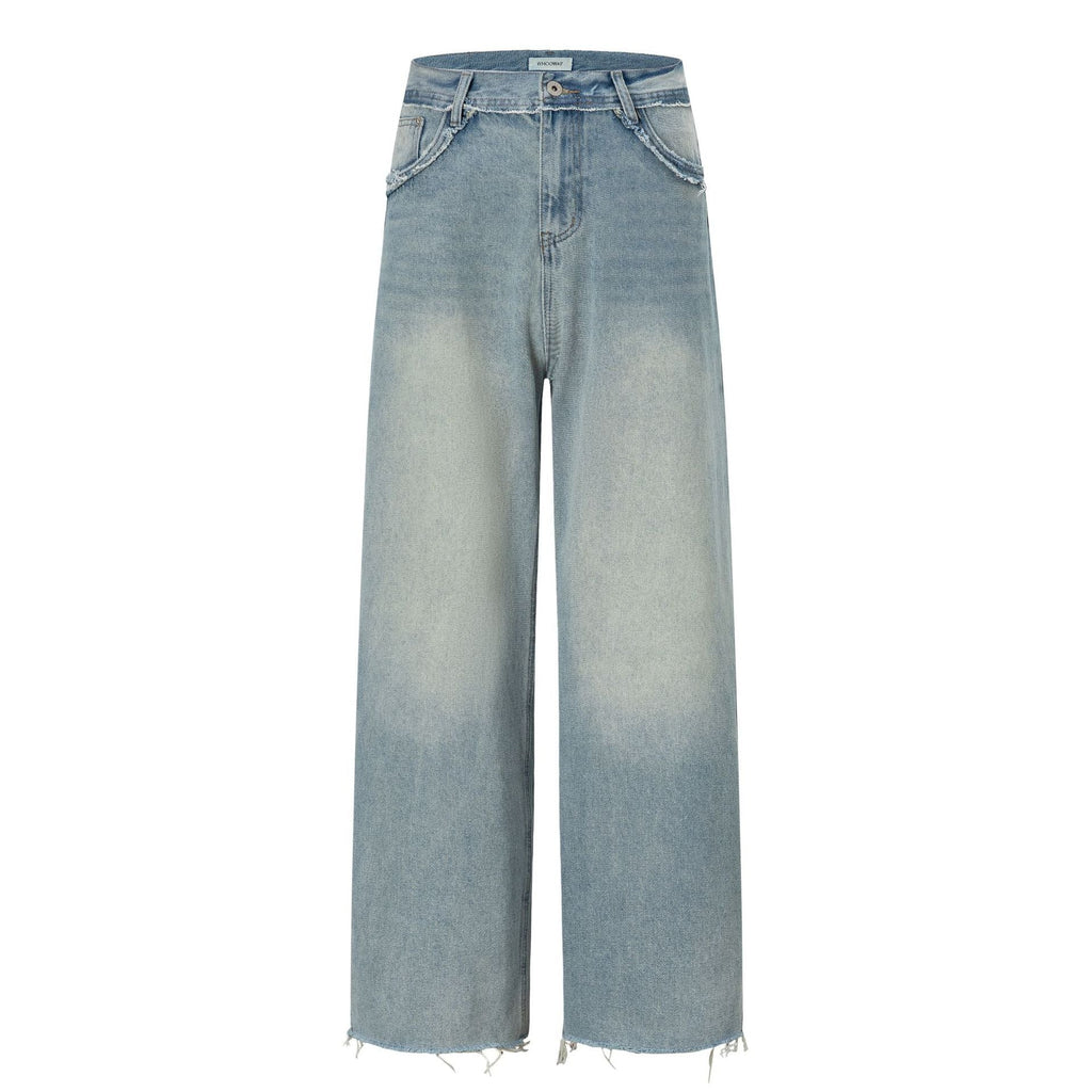 Wide Leg Denim Pants with Exposed Waist and Distressed Faded Finish - Outdoors & Sports Tinker Time