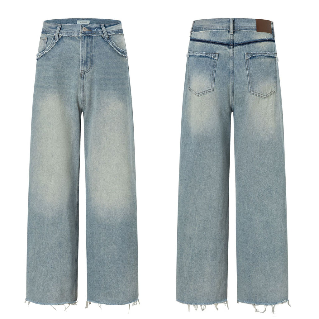 Wide Leg Denim Pants with Exposed Waist and Distressed Faded Finish - Outdoors & Sports Tinker Time