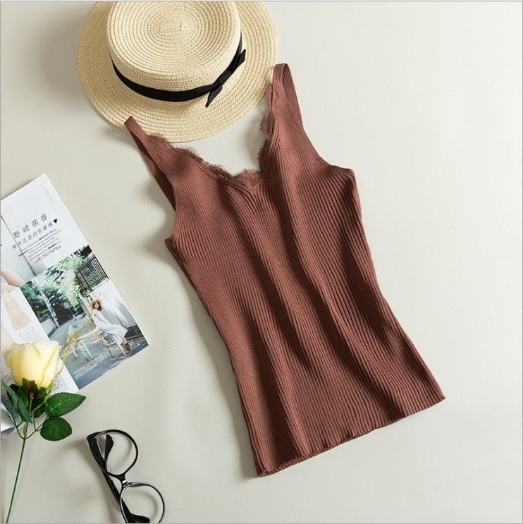 Women Hook Flower Lace Tank solid Stitching V-neck Camis Female Knitted Short Slim Sleeveless Shirt Tank Casual Tops - Outdoors & Sports Tinker Time
