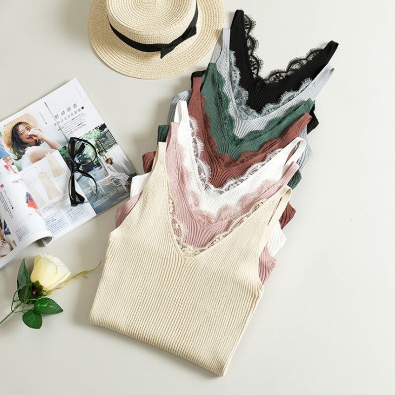 Women Hook Flower Lace Tank solid Stitching V-neck Camis Female Knitted Short Slim Sleeveless Shirt Tank Casual Tops - Outdoors & Sports Tinker Time