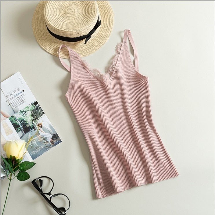 Women Hook Flower Lace Tank solid Stitching V-neck Camis Female Knitted Short Slim Sleeveless Shirt Tank Casual Tops - Outdoors & Sports Tinker Time