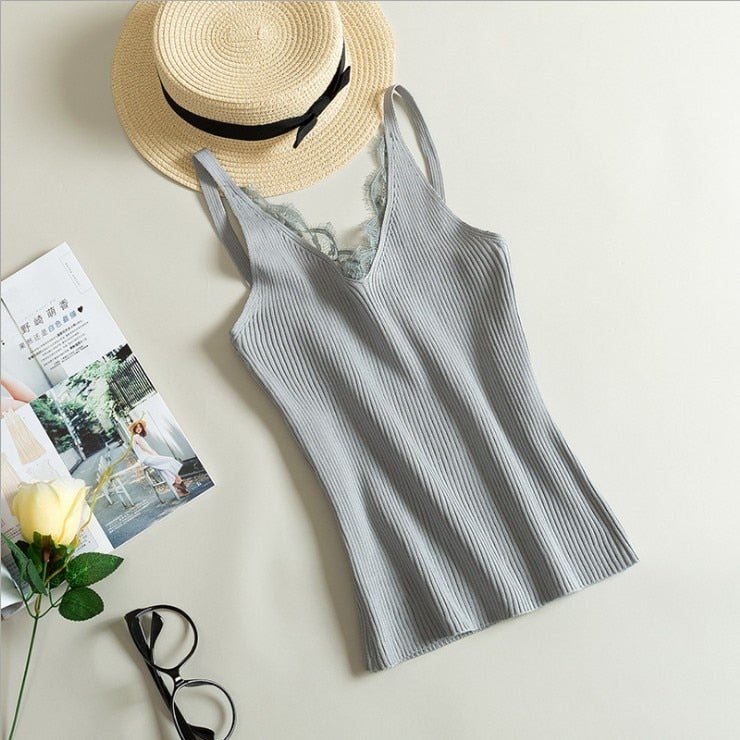 Women Hook Flower Lace Tank solid Stitching V-neck Camis Female Knitted Short Slim Sleeveless Shirt Tank Casual Tops - Outdoors & Sports Tinker Time