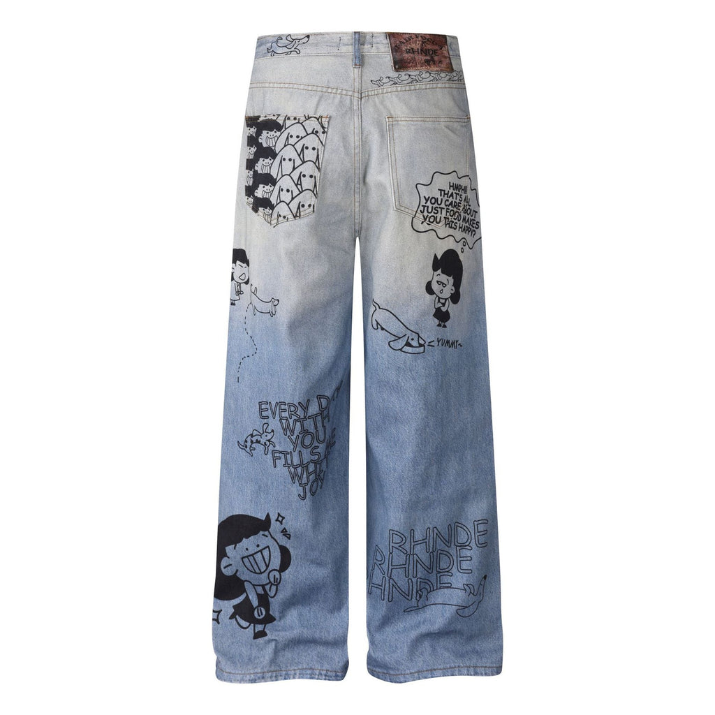 Women's Cartoon Graffiti Printed Distressed Washed Denim Wide Leg Straight Pants - Outdoors & Sports Tinker Time