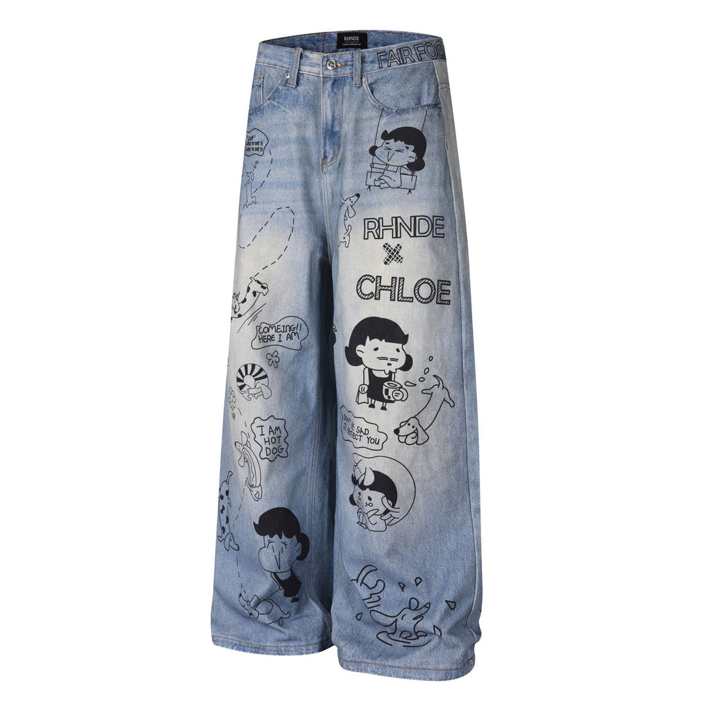 Women's Cartoon Graffiti Printed Distressed Washed Denim Wide Leg Straight Pants - Outdoors & Sports Tinker Time