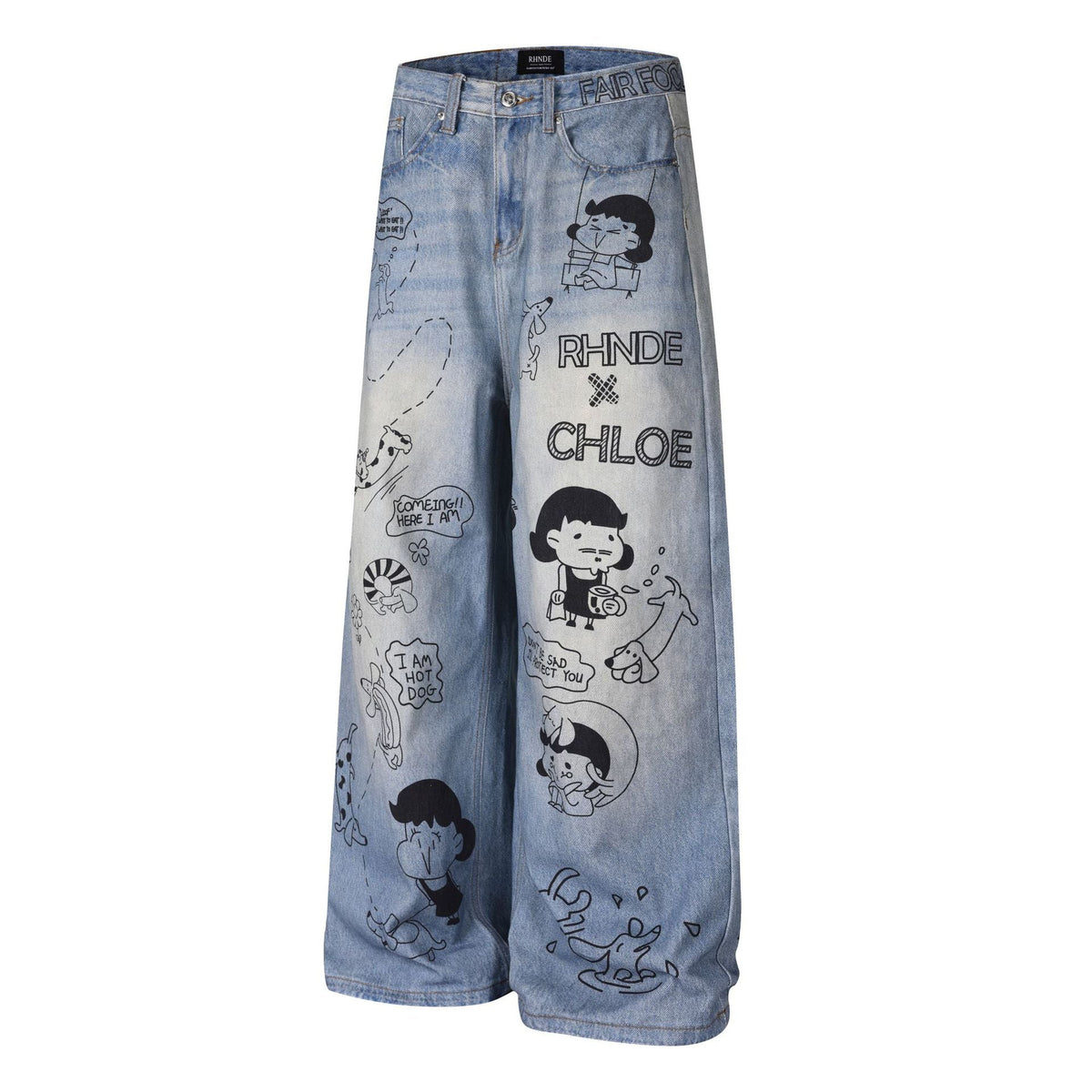 Women's Cartoon Graffiti Printed Distressed Washed Denim Wide Leg Straight Pants - Outdoors & Sports Tinker Time