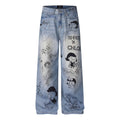 Women's Cartoon Graffiti Printed Distressed Washed Denim Wide Leg Straight Pants - Outdoors & Sports Tinker Time