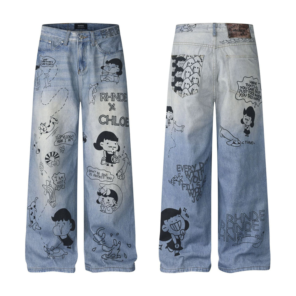 Women's Cartoon Graffiti Printed Distressed Washed Denim Wide Leg Straight Pants - Outdoors & Sports Tinker Time