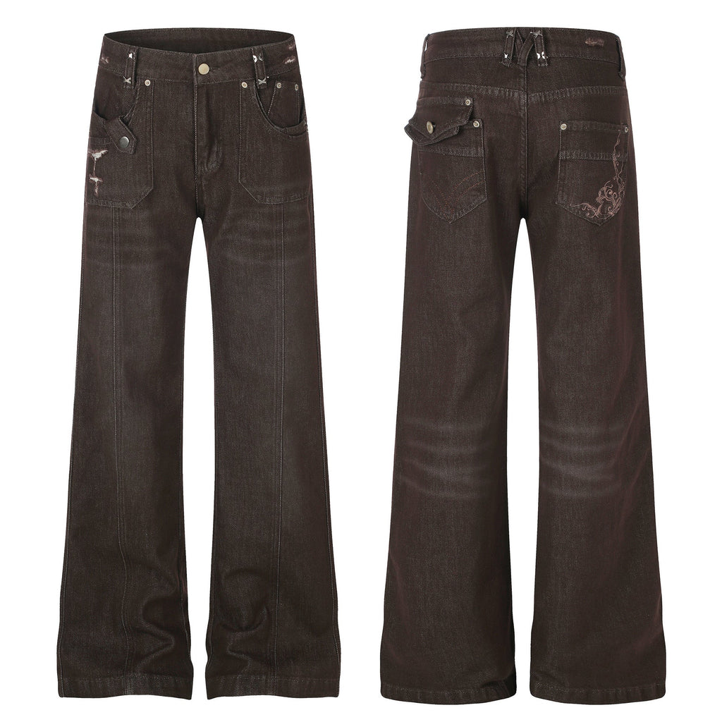 Women's High Street Embroidered Pocket Washed Distressed Cat Whisker Micro Flare Denim Jeans - Outdoors & Sports Tinker Time
