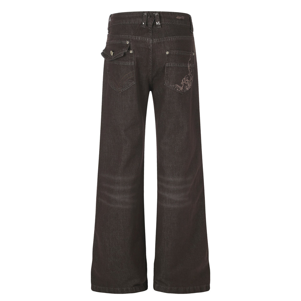 Women's High Street Embroidered Pocket Washed Distressed Cat Whisker Micro Flare Denim Jeans - Outdoors & Sports Tinker Time