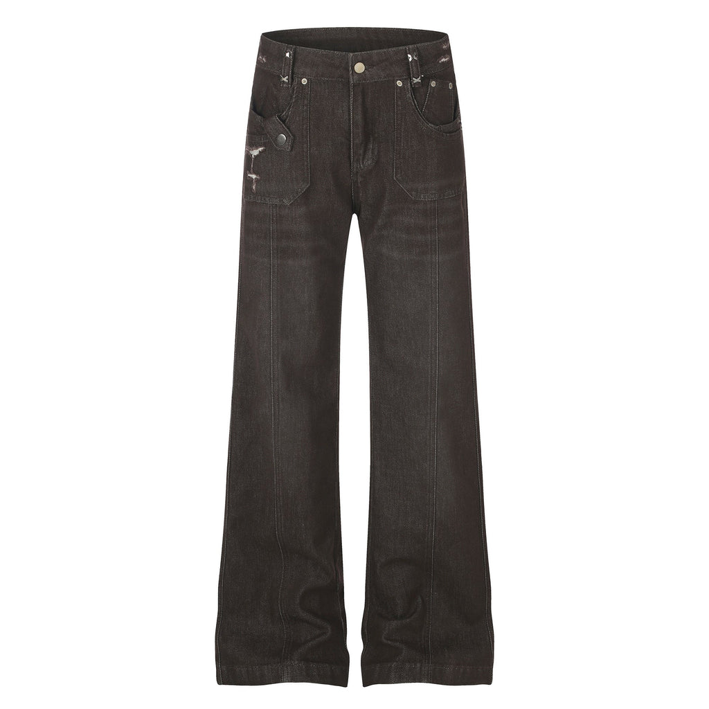 Women's High Street Embroidered Pocket Washed Distressed Cat Whisker Micro Flare Denim Jeans - Outdoors & Sports Tinker Time