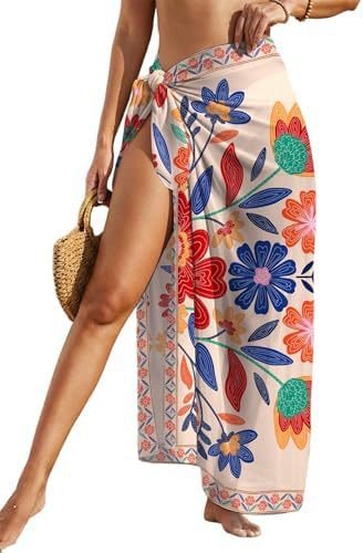 Women's Swimwear Transparent Sheer Cover-Up High-Slit One-Size Swim Dress Summer Floral Print Chiffon - Outdoors & Sports Tinker Time