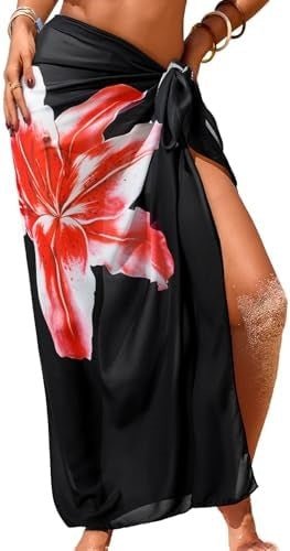Women's Swimwear Transparent Sheer Cover-Up High-Slit One-Size Swim Dress Summer Floral Print Chiffon - Outdoors & Sports Tinker Time