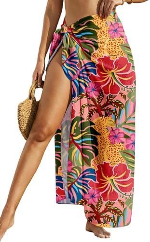 Women's Swimwear Transparent Sheer Cover-Up High-Slit One-Size Swim Dress Summer Floral Print Chiffon - Outdoors & Sports Tinker Time