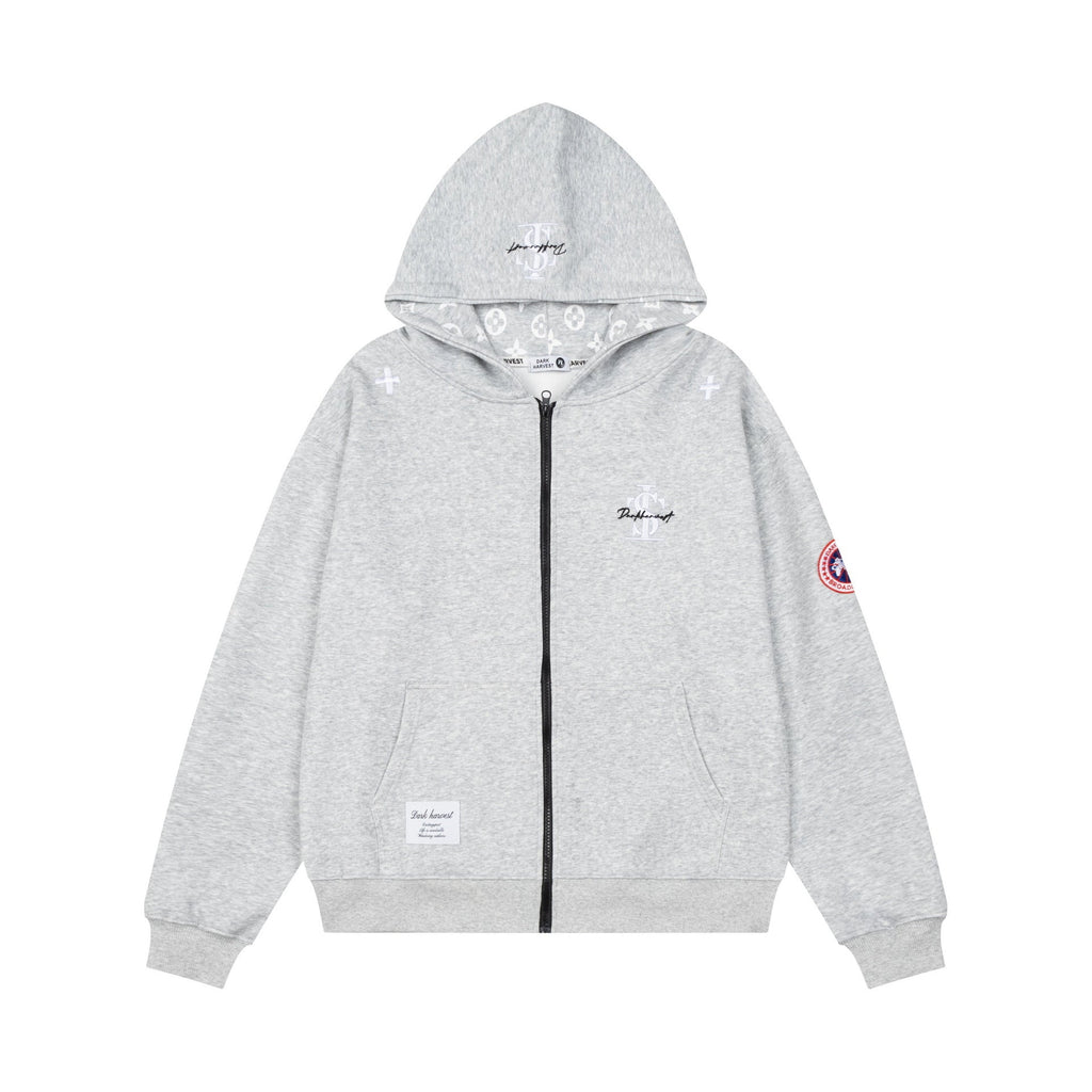 Zip-Up Hooded Sweatshirt Jacket Unisex Color-Block Embroidery Loose Casual Outerwear - Outdoors & Sports Tinker Time
